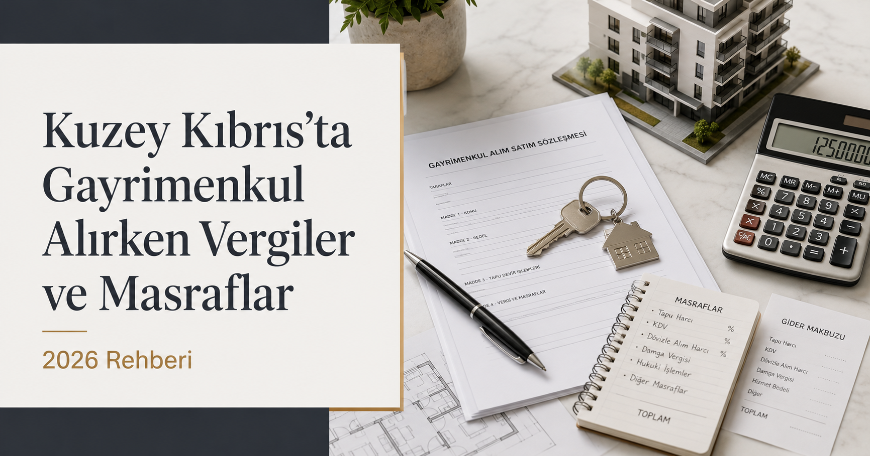Kuzey Kıbrıs gayrimenkul alımında tapu harcı KDV pul vergisi ve satın alma masraflarını temsil eden ev anahtarı ve hesaplama belgeleri