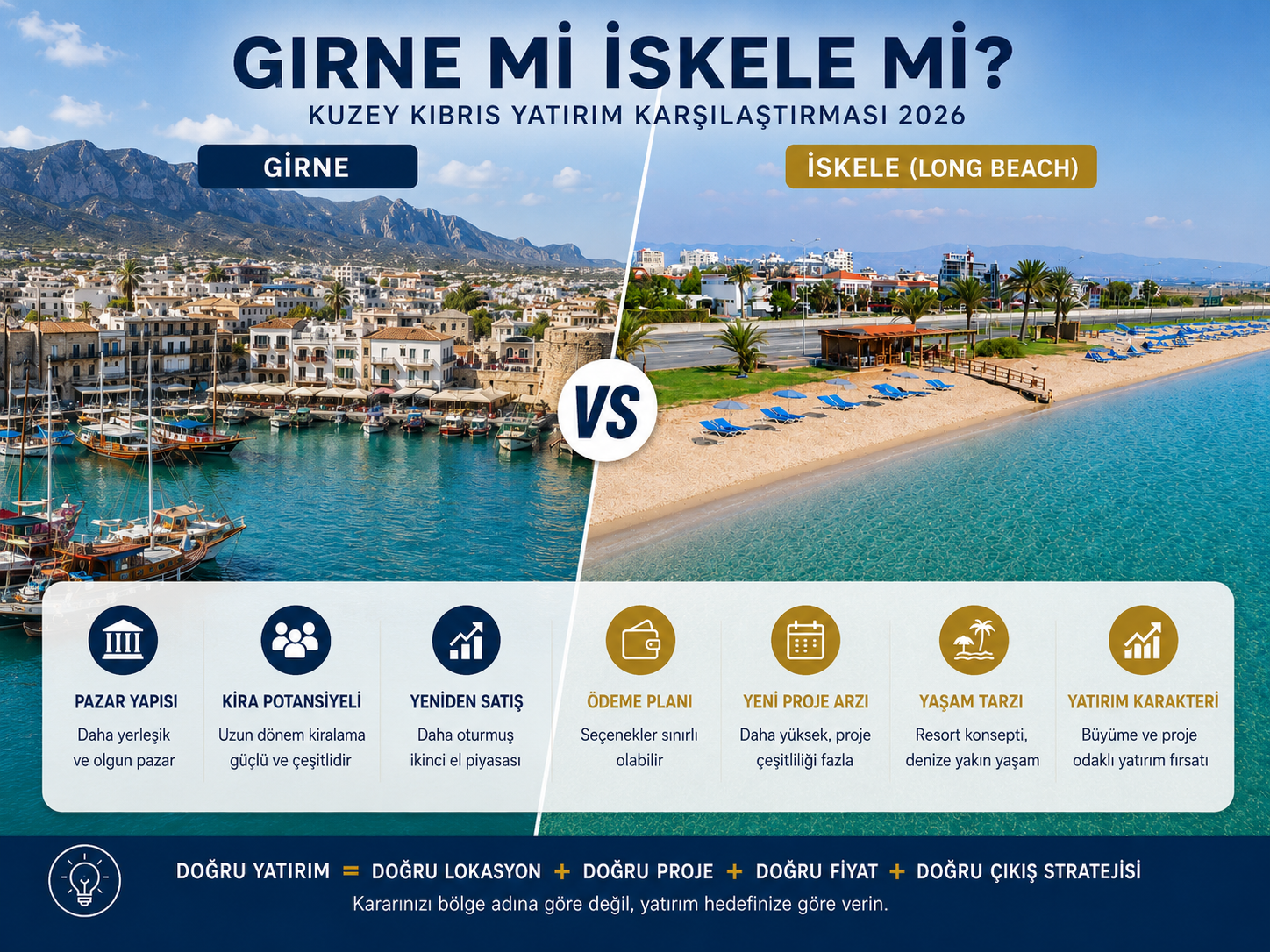 Girne ve İskele bölgelerini gayrimenkul yatırımı açısından karşılaştıran Kuzey Kıbrıs yatırım rehberi