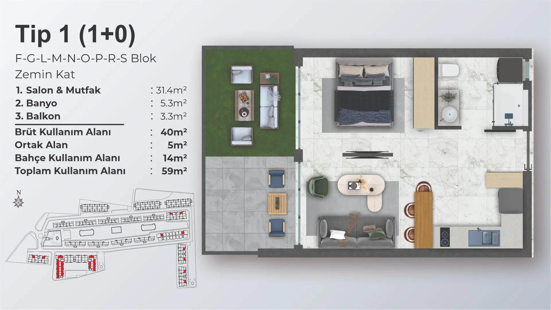 Dolce Vita Resort 1+0 Studio Tip 1 Zemin Kat kat planı