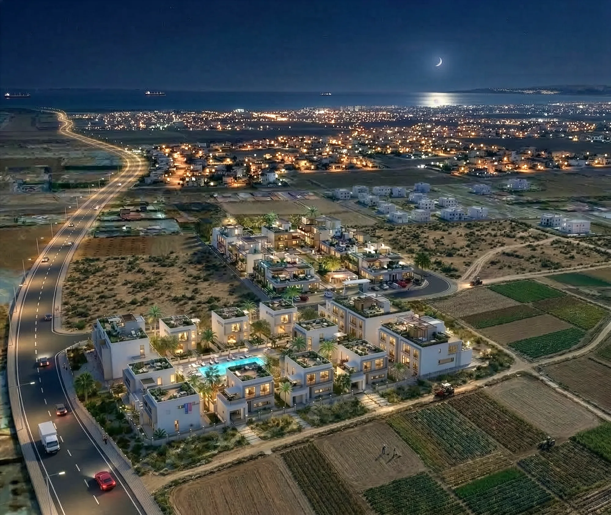 Palmora Cyprus – dış cephe ve ortak alan renderı